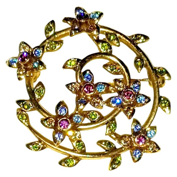 MONET Signed Vintage Purple Floral Brooch Blue Green Gold Tone Spiral Vine - Picture 1 of 7